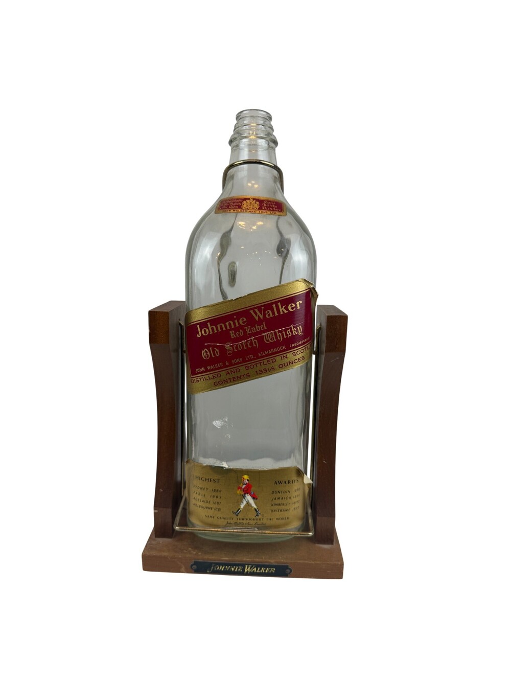 Johnnie Walker Red Label Old Scotch Whisky Bottle with Wood Stand Vintage